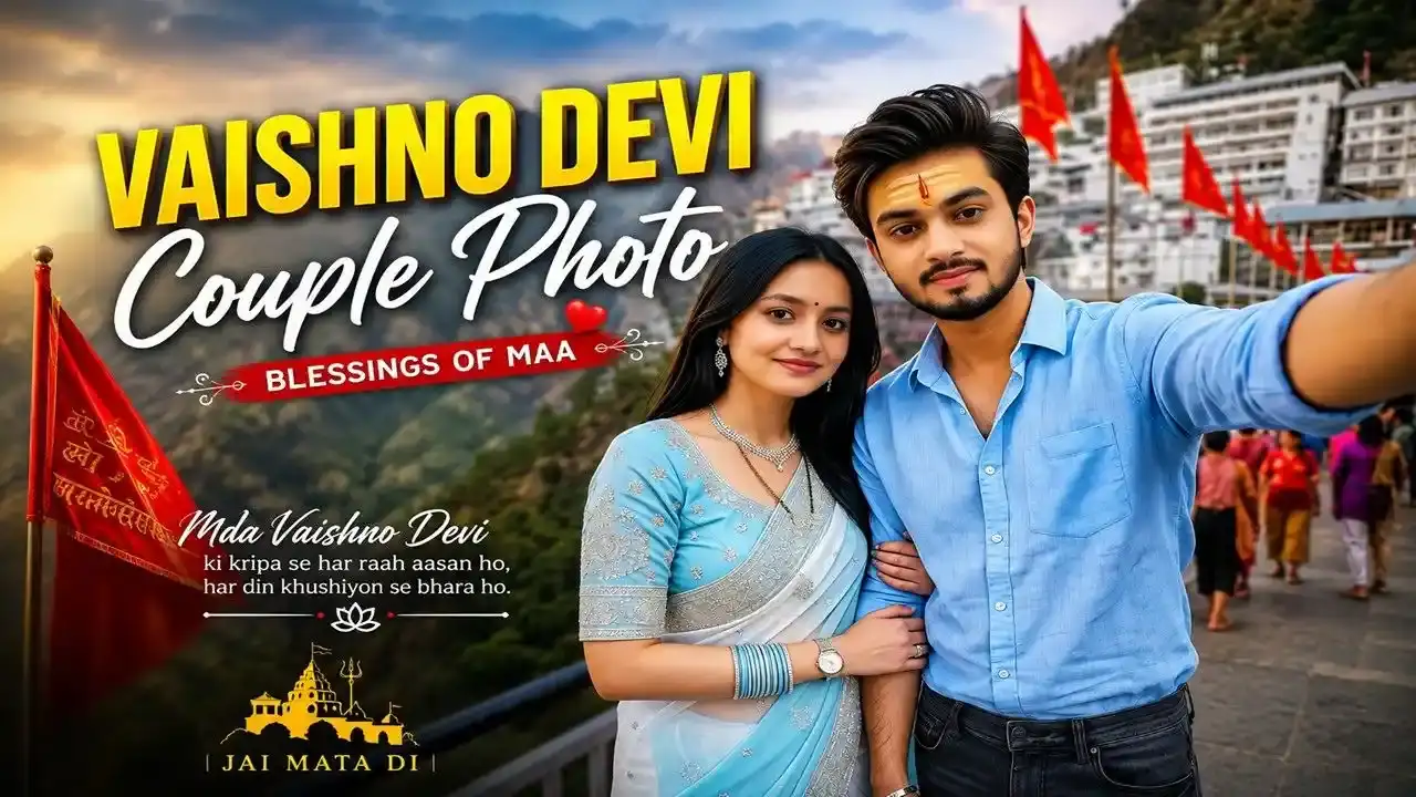 Vaishno Devi Couple Photo Editing Prompt – Create a Divine and Cinematic Travel Portrait